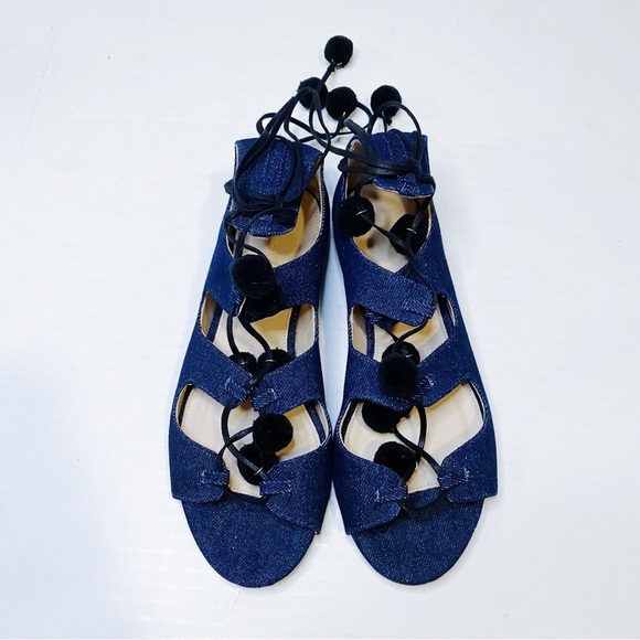 * J. Crew - Denim Lace Up Pom Pom Sandals - Picture 1 of 5